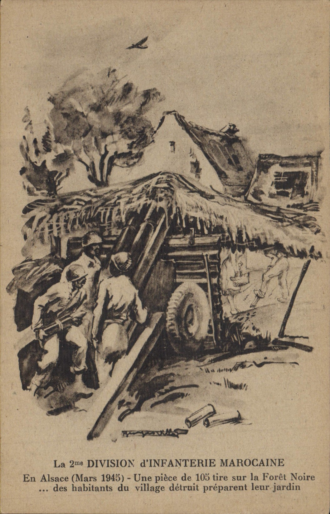 CPA Militaria La 2eme division d'infanterie marocaine Alsace Mars 1945 Une piece de 105 tire sur la Foret Noire Maroc