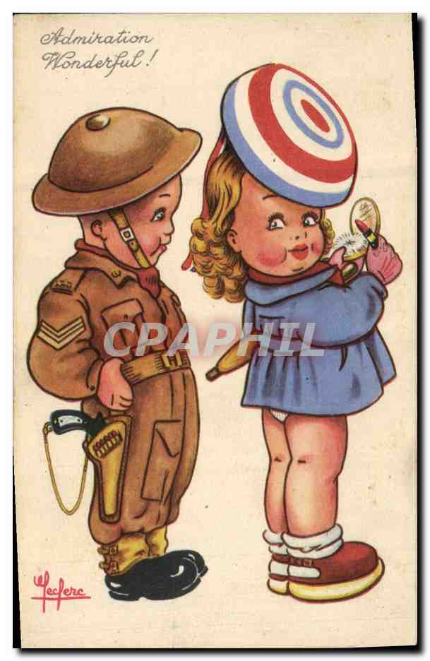 Enfant en uniforme militaire — Enfant en robe bleue avec chapeau rayé — dessin de Leclerc