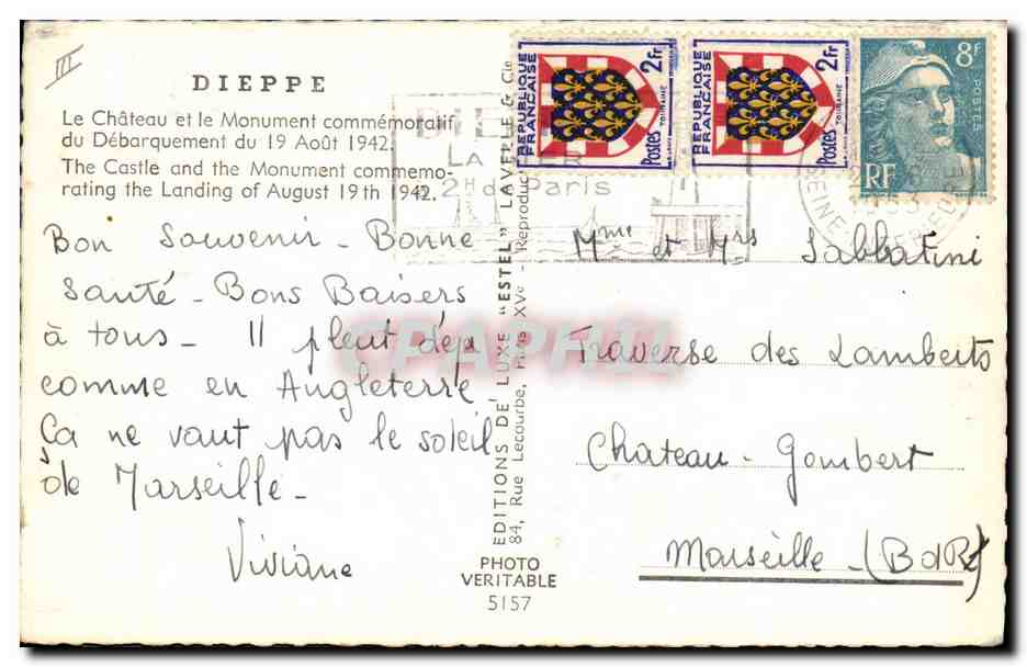 Château de Dieppe — Monument commémoratif du Débarquement du 19 Août 1942 — Éditions de Luxe 'Estel' n°5157 — Verso