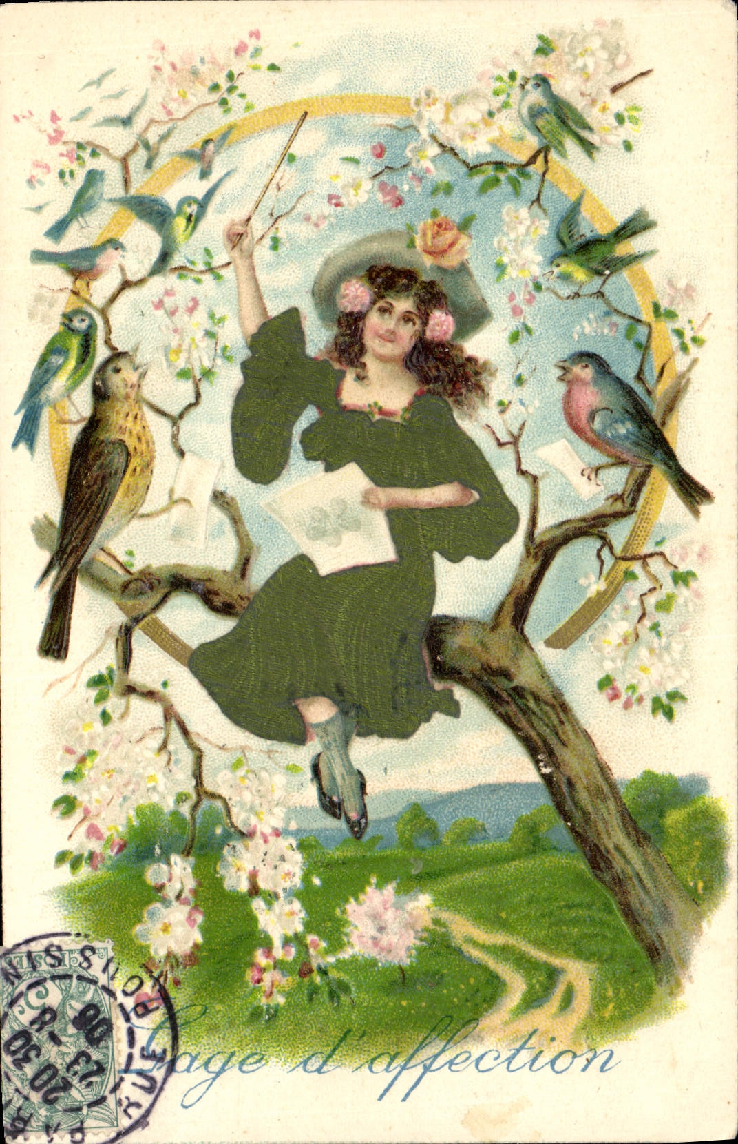 Frau in einem blühenden Baum mit Vögeln — Verlag: Universal Postal Union, Serie 1201