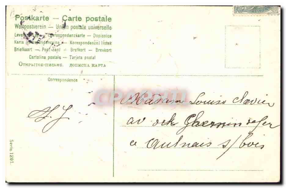 Frau in einem blühenden Baum mit Vögeln — Verlag: Universal Postal Union, Serie 1201 — Rückseite
