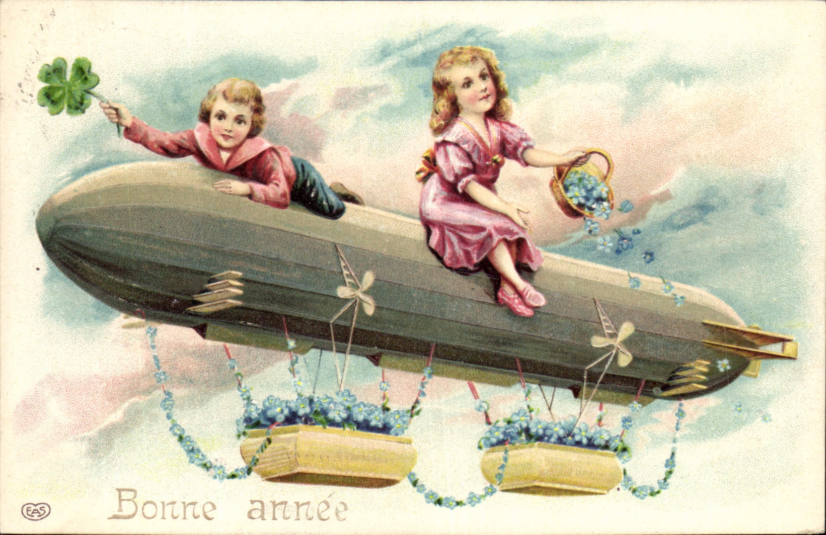 Deux enfants sur dirigeable — Bonne année — Gass