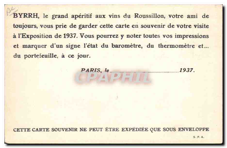 CPA Publicite Exposition des Arts et Techniques 1937 Pavillon du Byrrh  — Verso