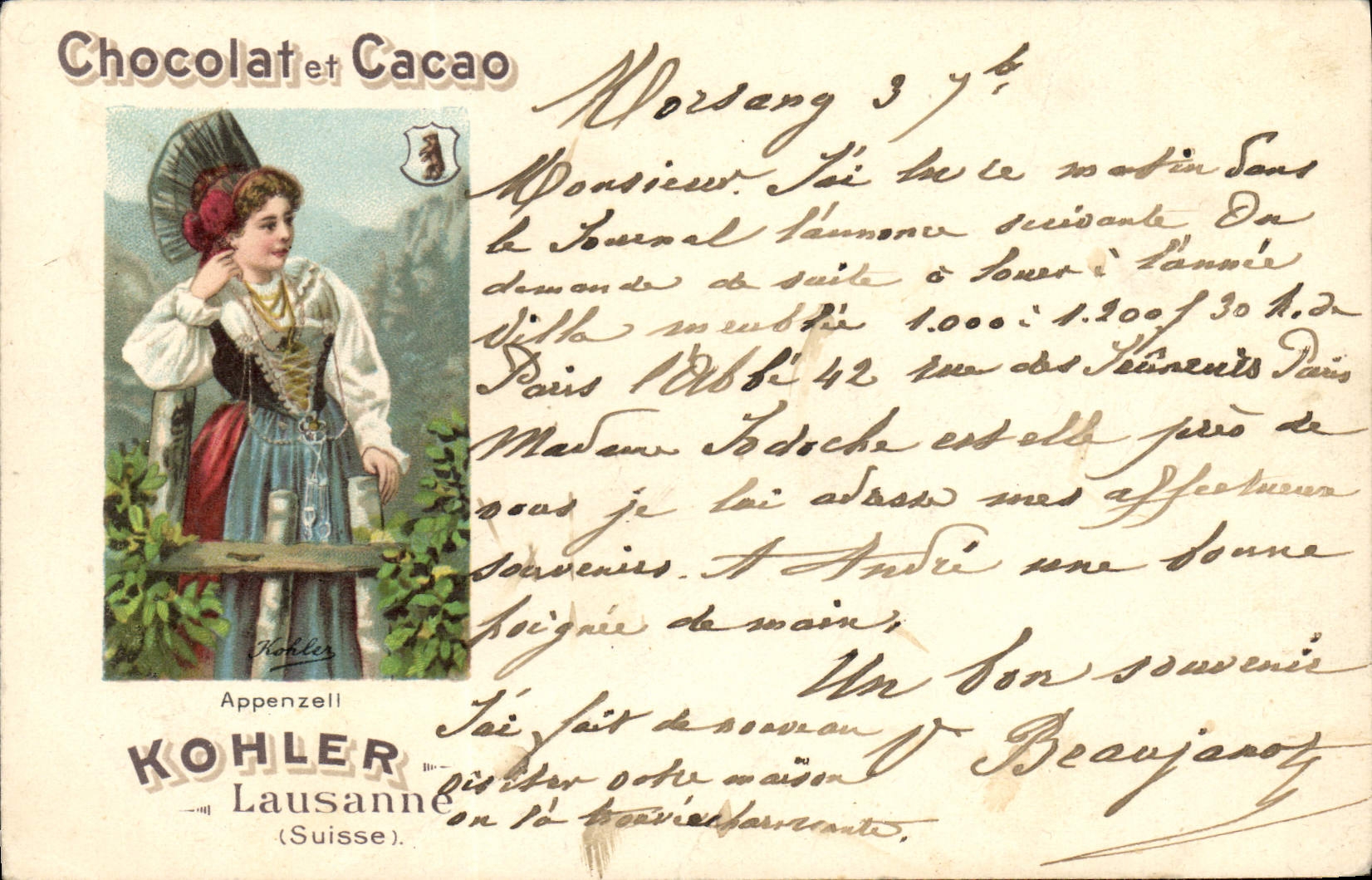 CPA Publicite Chocolat et Cacao Kohler Lausanne Suisse