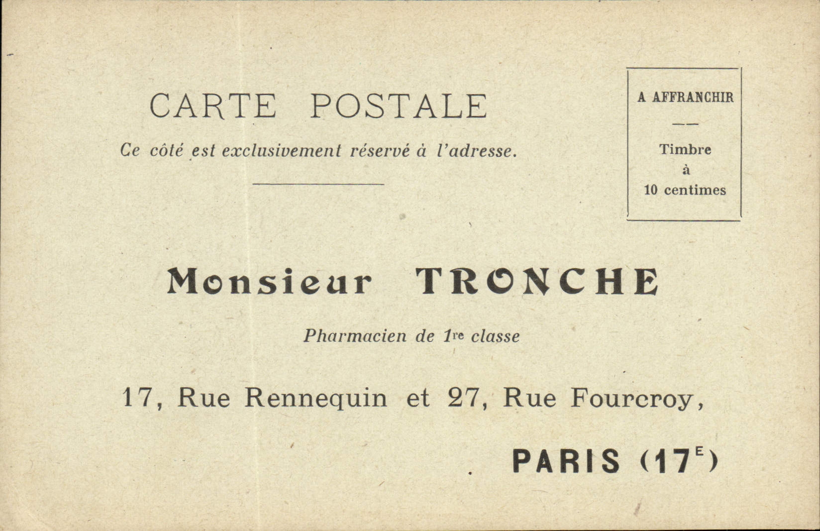 CPA Publicite Monsieur Tronche Pharmacien Rue Rennequin Rue Fourcoy Paris 17eme