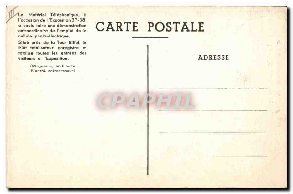 CPA Publicite Le mat totaliseur des entrees a l'expoistion realise par LMT Paris Tour Eiffel — Verso