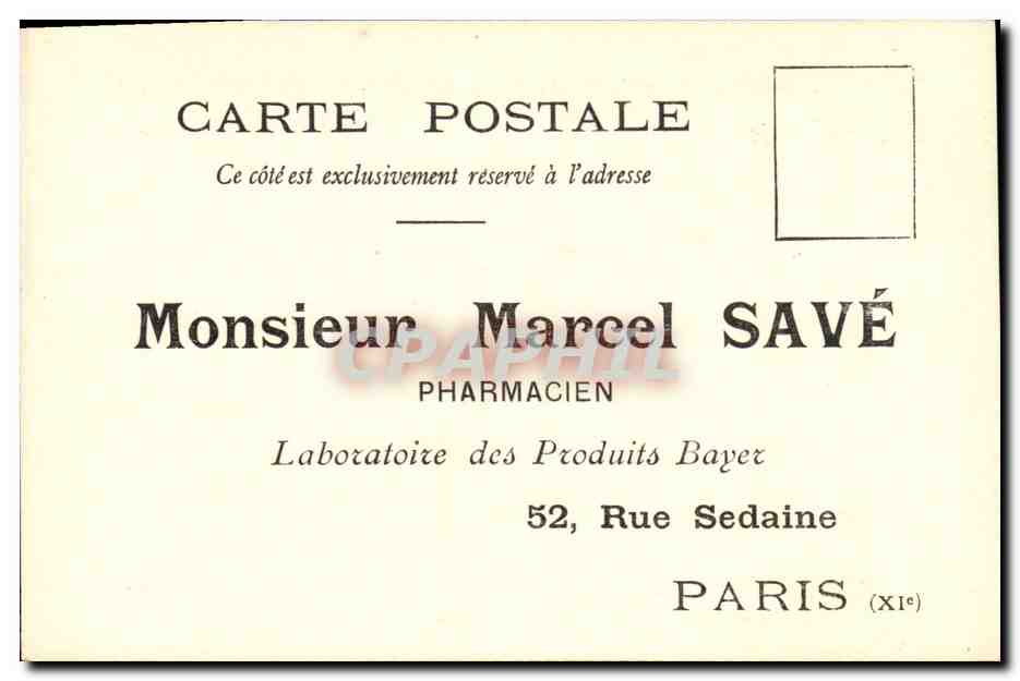CPA Publicite Marcel Save Pharmacien Laboratoire des Produits Bayer Rue Sedaine Paris 11eme