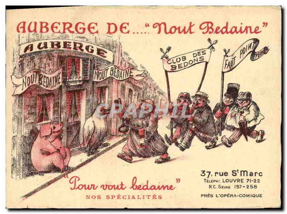CPA Publicite Auberge De Nout Bedaine Cochon Porc Rue St Marc Louvre