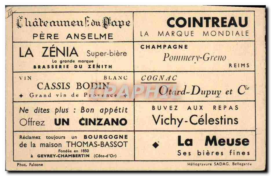 CPA Publicite Pascal Terrasse interieure Cointreau La Meuse Cinzano Vuchy Celestins Cassis Bodin La Zenia Pommey Greno Anselme Thomas Bassot  — Rückseite