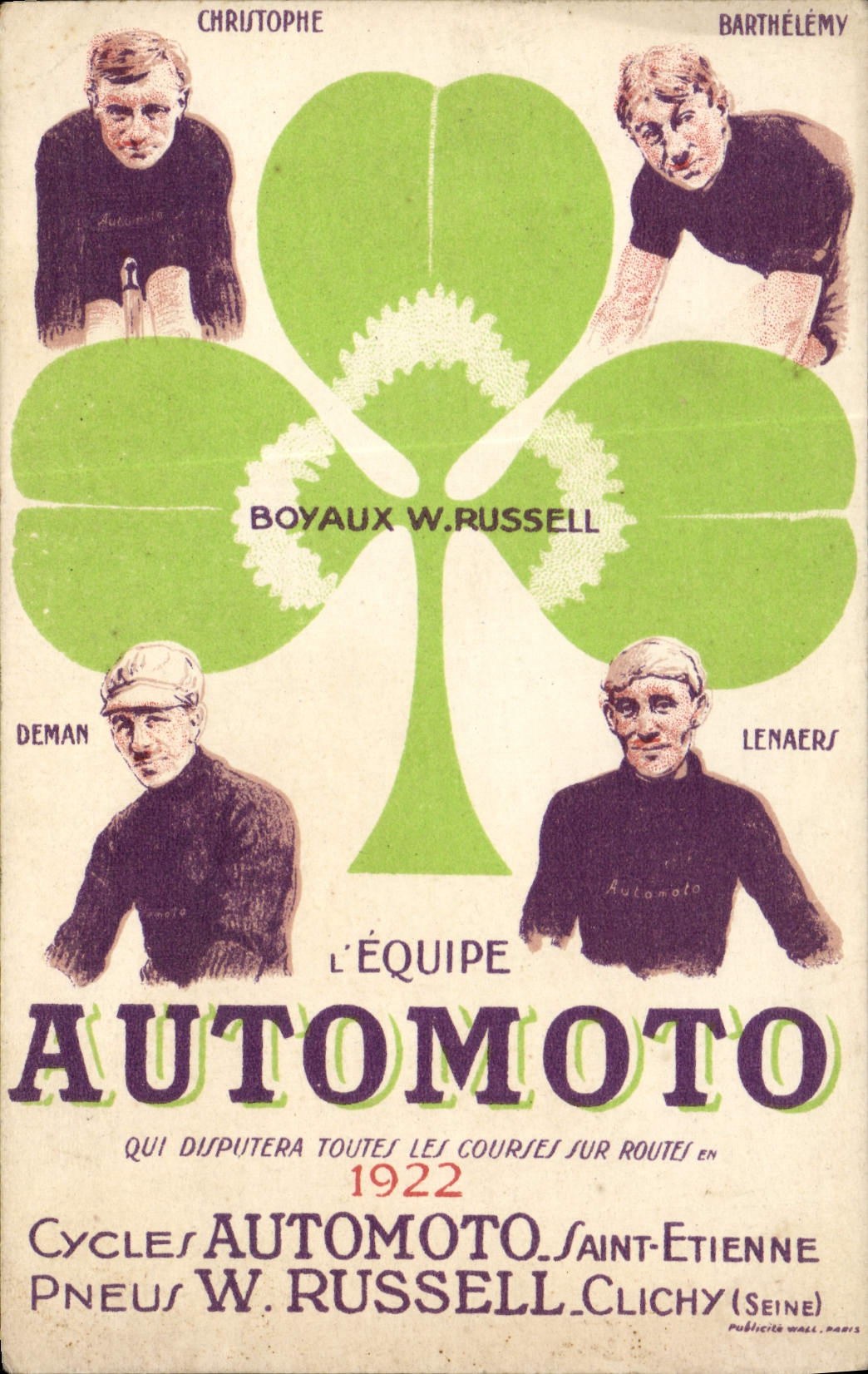 CPA Publicite Equipe Automoto Cycle Saint Etienne Pneus Russell Clichy Boyaux Russell Velo Cycle