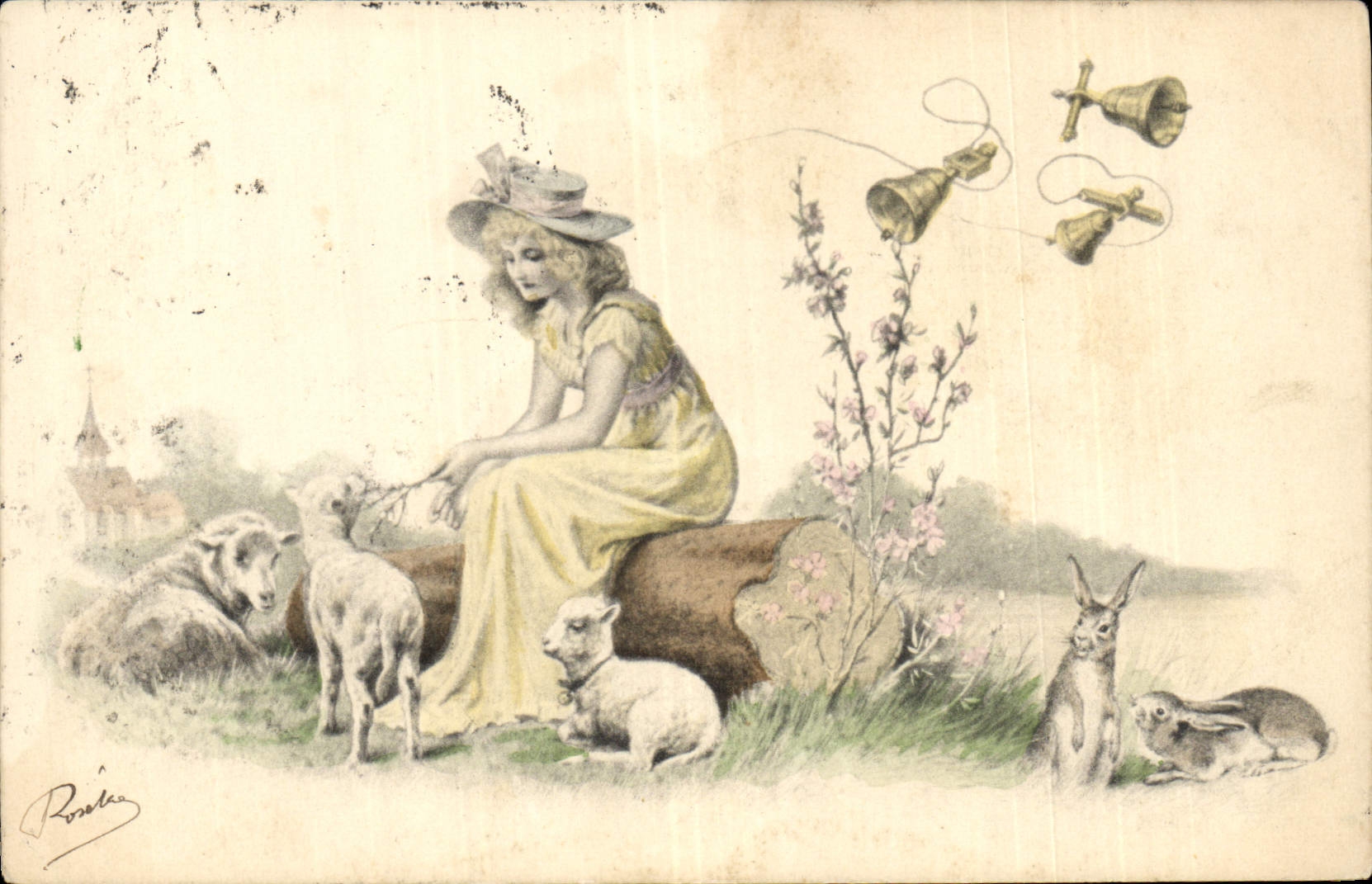 Fille avec moutons et lapins — scène pastorale — Roselie