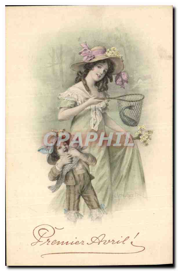 Femme et enfant avec panier — Premier Avril — M. M. VIENNE, N° 379