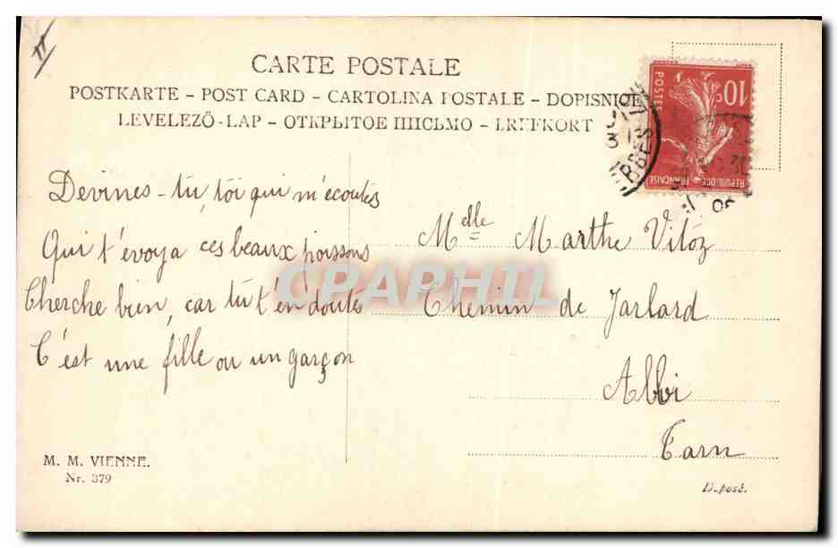 Femme et enfant avec panier — Premier Avril — M. M. VIENNE, N° 379 — Verso