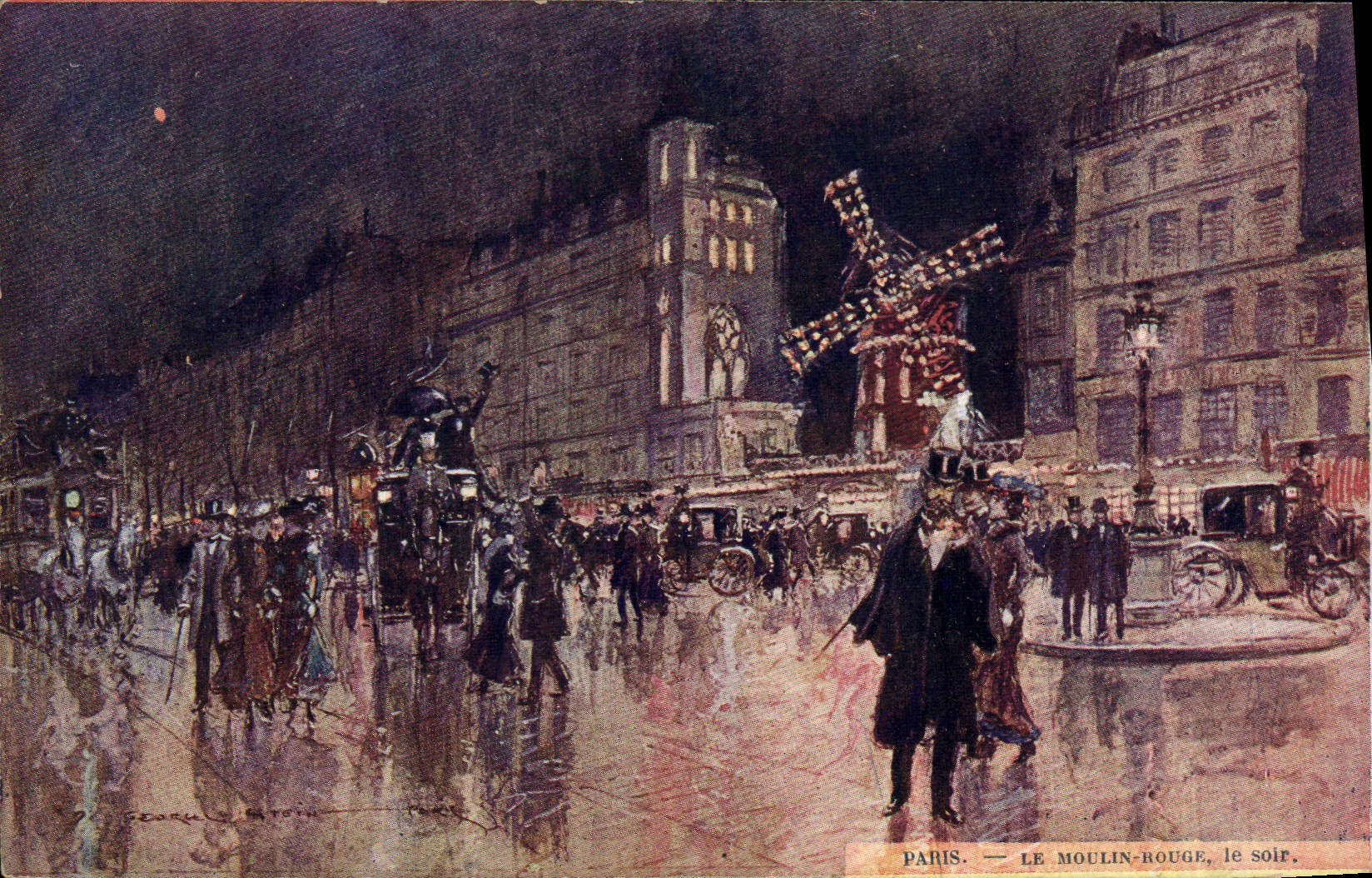 CPA Paris Illustrateur Le Moulin Rouge Le soir 