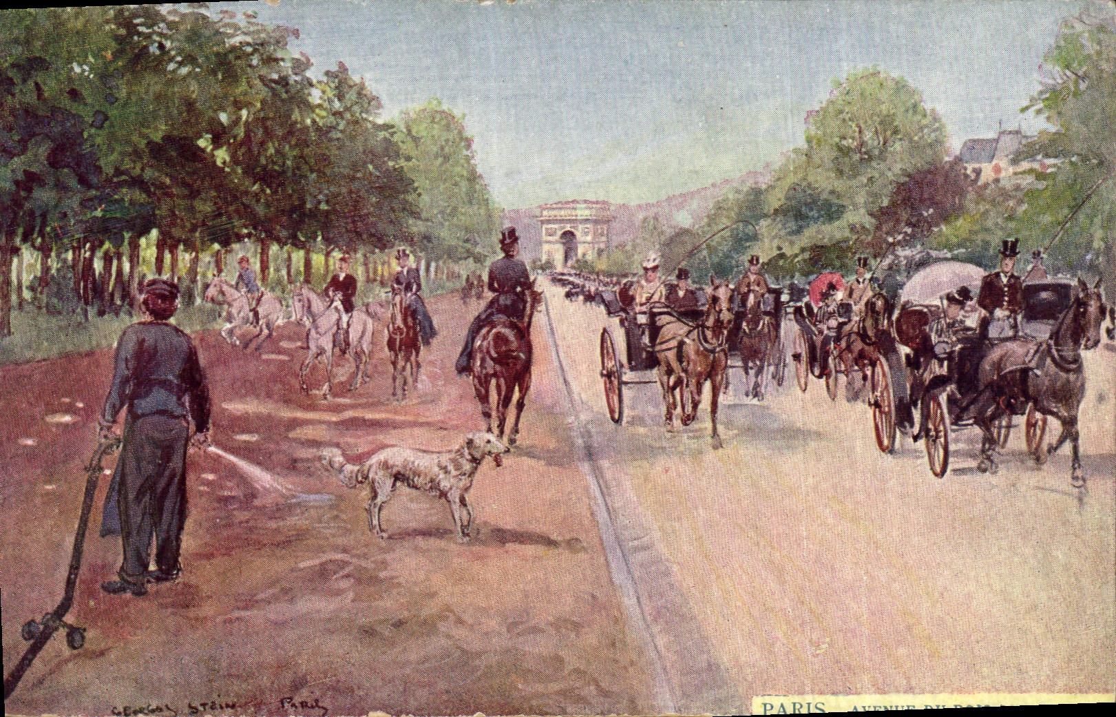 CPA Paris Illustrateur Avenue du Bois de Boulogne Chien 