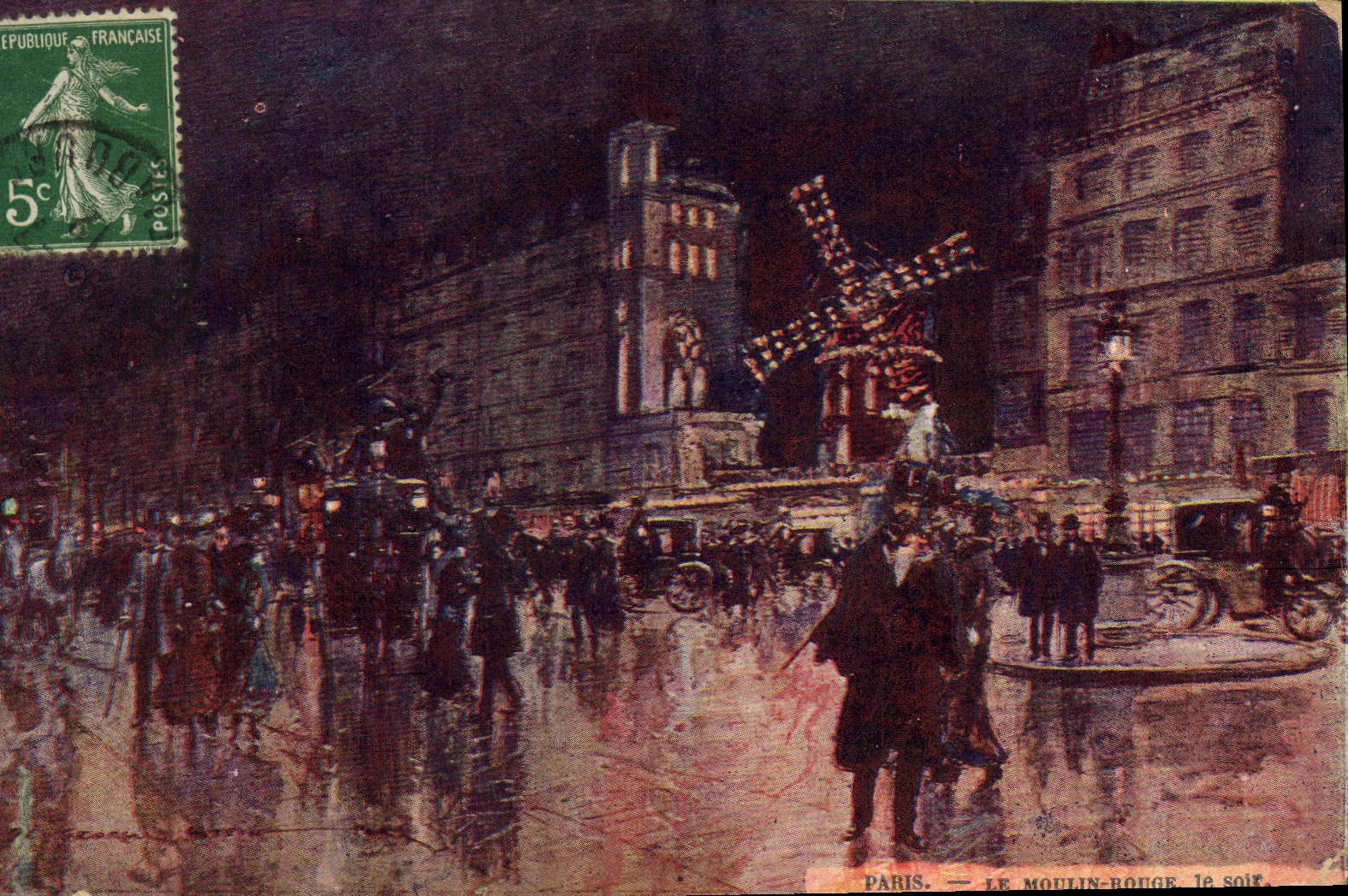 CPA Paris Illustrateur Le Moulin rouge le soir 