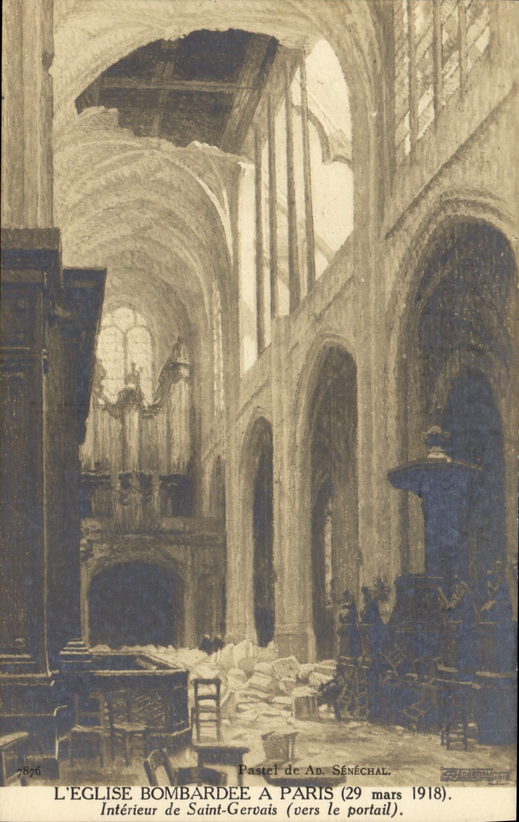 CPA Orgue L'eglise bombardee a Paris 29 Mars 1918 Interieur de Saint Gervais vers le Portail 