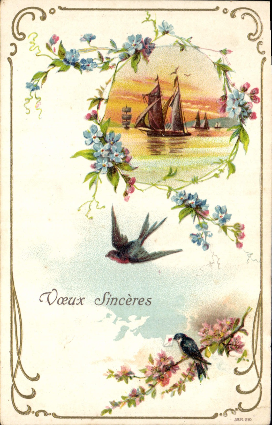 CPA Fantaisie Fleurs Oiseaux Bateau 