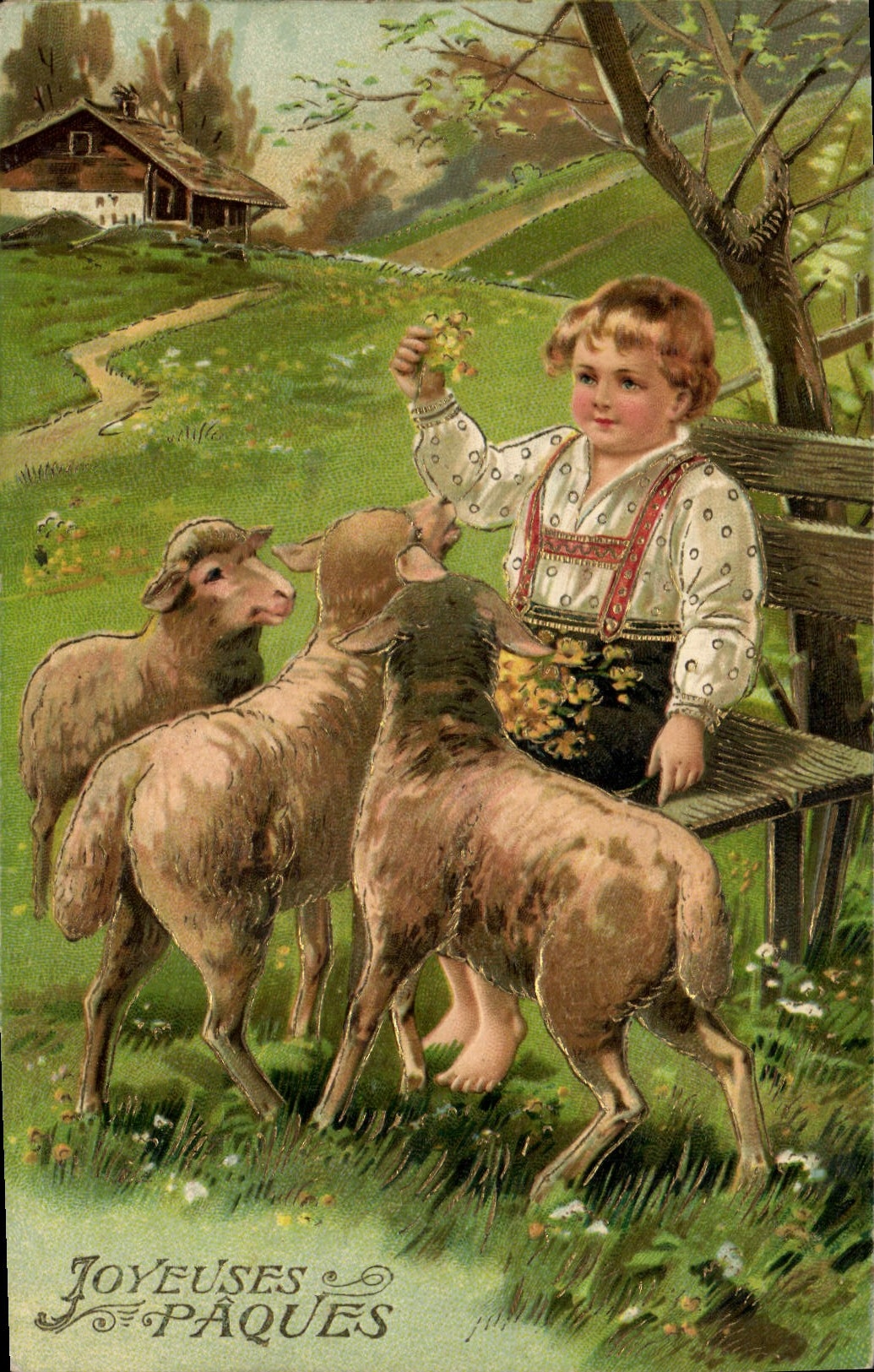 Enfant nourrissant des moutons — Joyeuses Pâques — Carte postale universelle