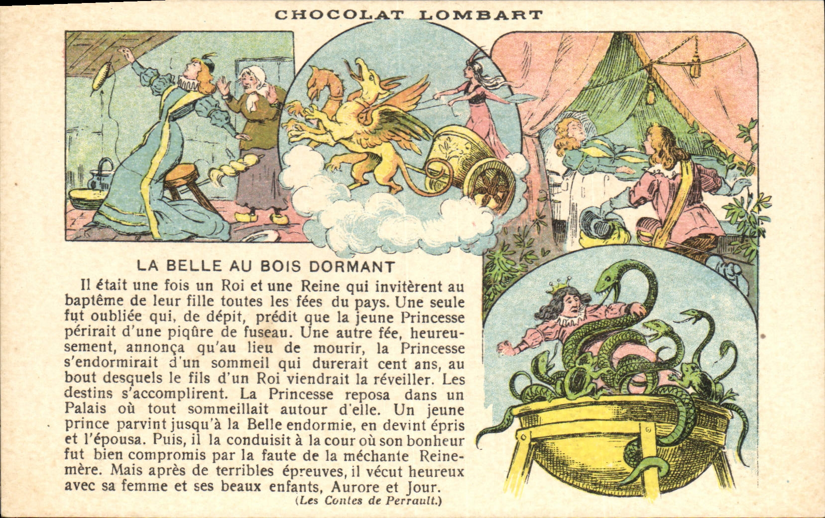 CPA Publicite Chocolat Lombart Paris La belle au bois dormant Serpent Contes de Perrault