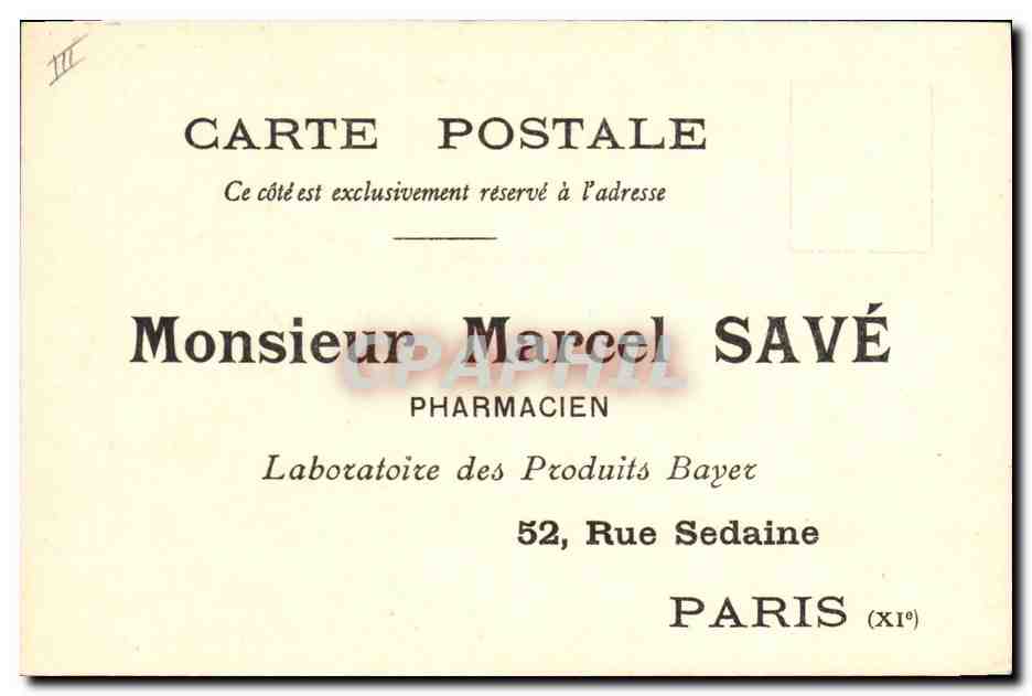 CPA Publicite Marcel Save Pharmacien Produits Bayer Rue Sedaine Paris 11eme