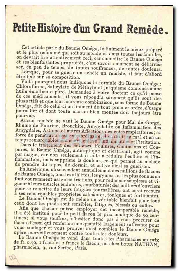 CPA Publicite Baume Omega contre rhumatisme et lumbago — Verso