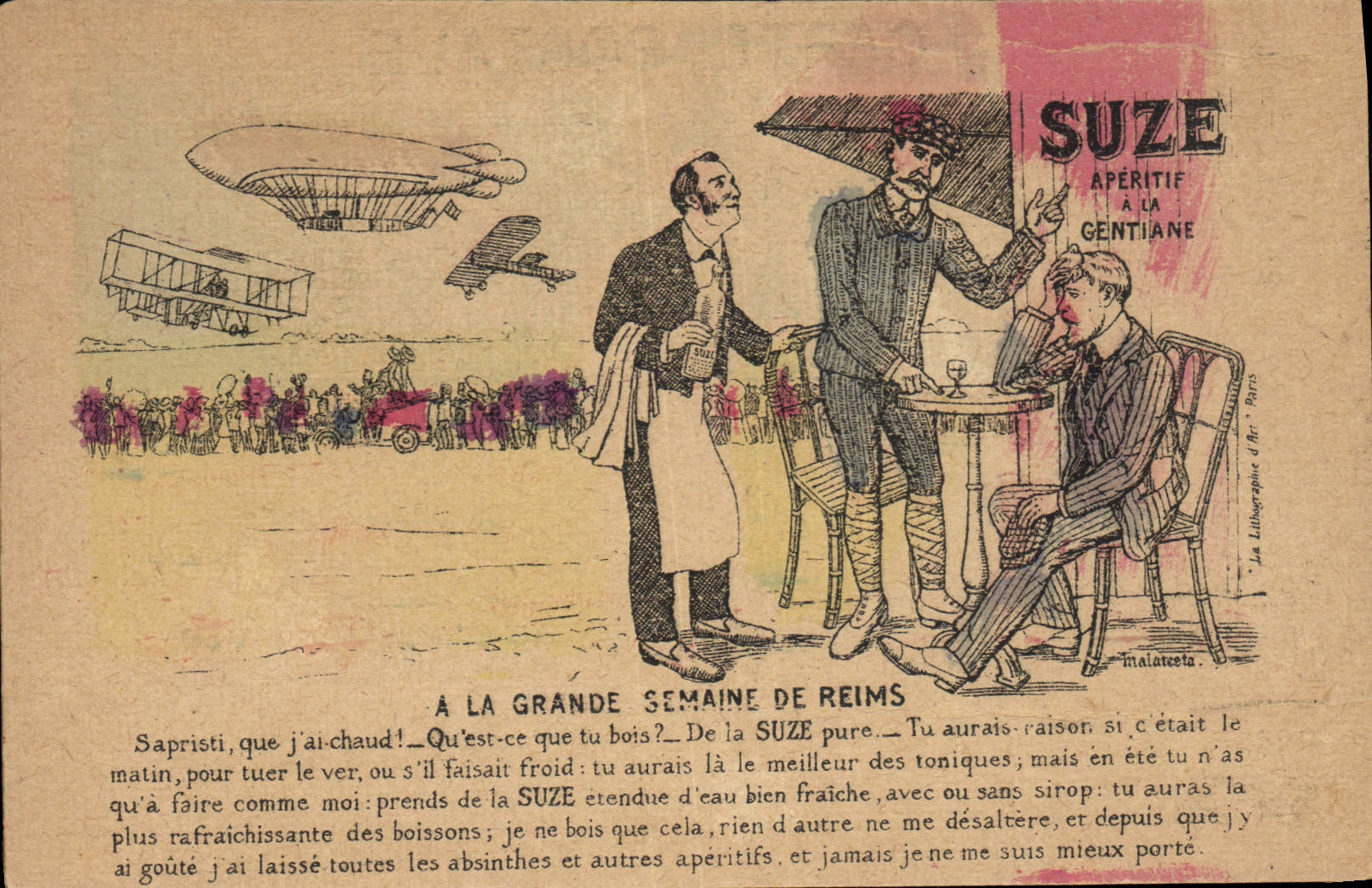 CPA Publicite Suze Aperitif de la Gentiane Zeppelin Dirigeable Grande Semaine de Reims