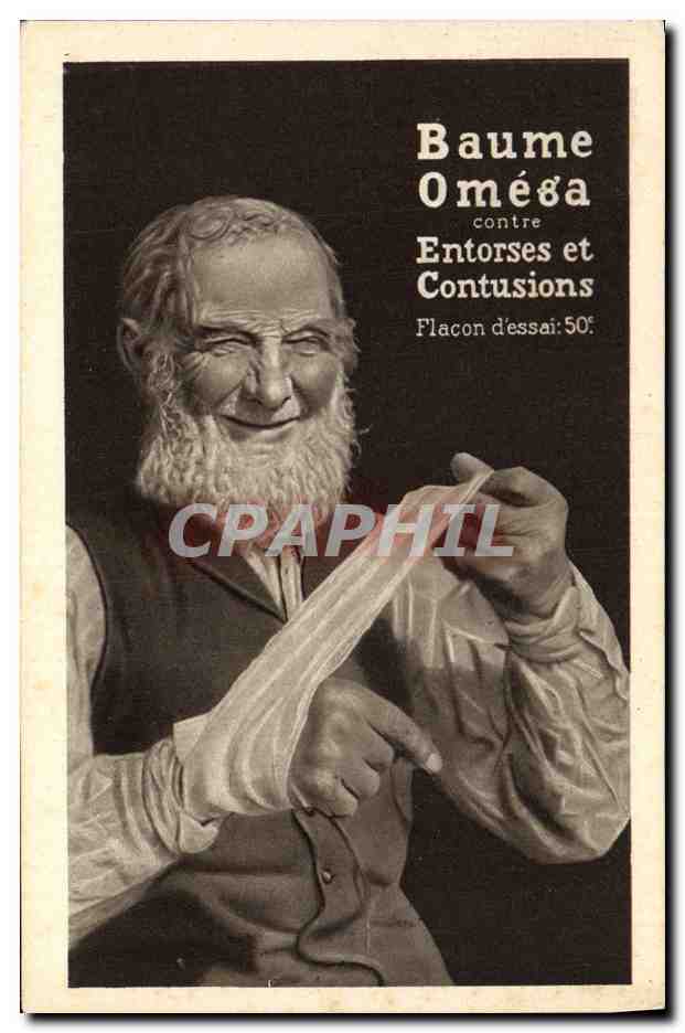 Homme âgé bandant un bras — publicité pour Baume Oméga contre entorses et contusions — éditeur non visible