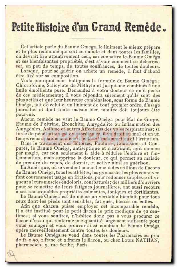 Homme âgé bandant un bras — publicité pour Baume Oméga contre entorses et contusions — éditeur non visible — Back