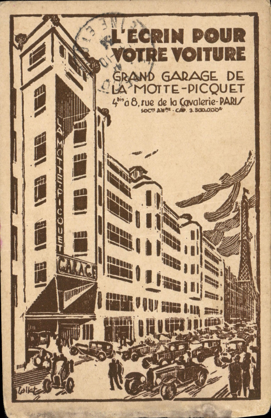 CPA Publicite L'ecrin pour votre voiture Grand Garage de La Motte Picquet Rue de la Cavalerie Paris Tour Eiffel 