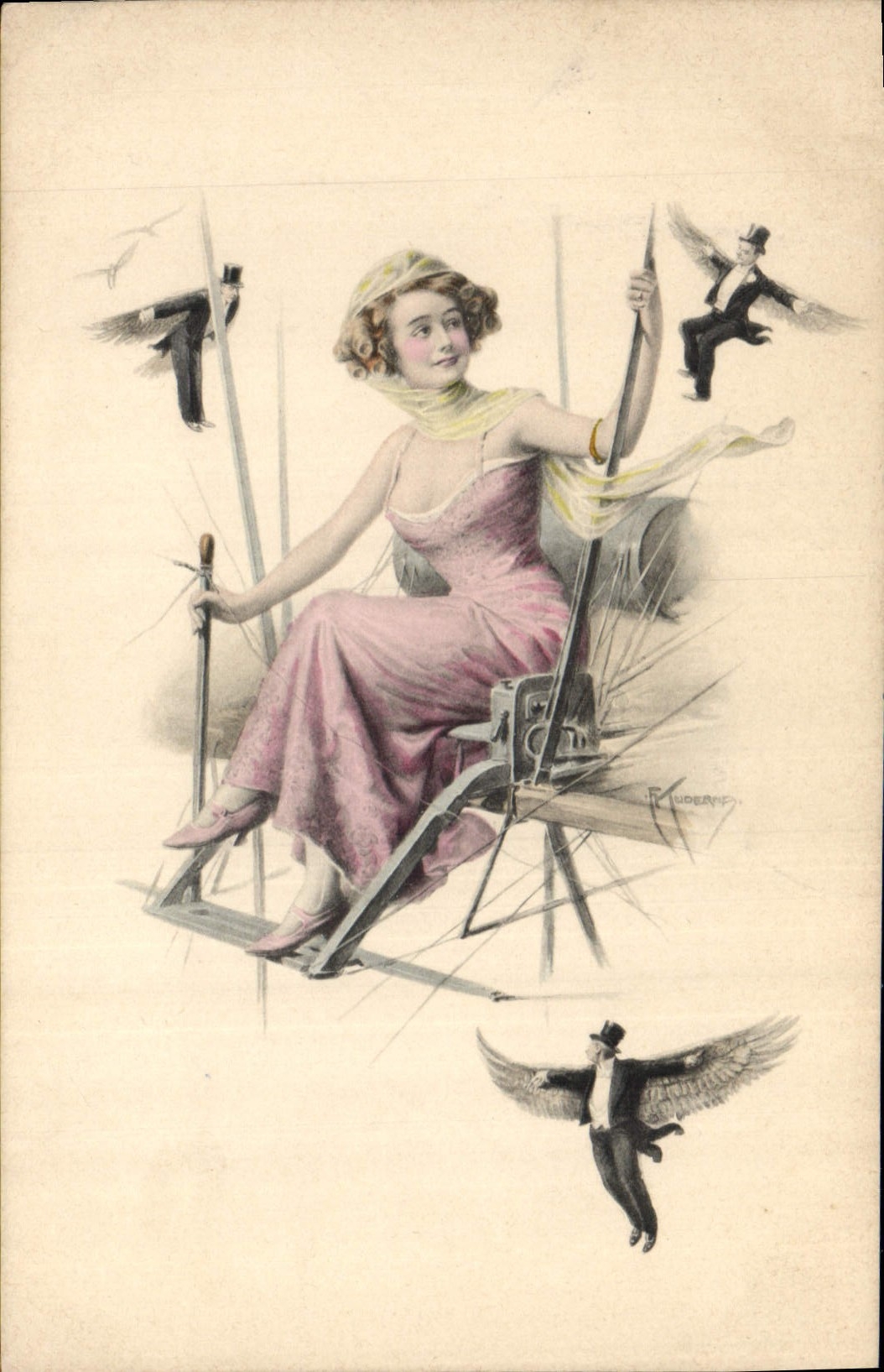 Jeune femme dans un avion — avec des hommes ailés — dessin de R. Ruderny — M. M. Vienne, n° 606