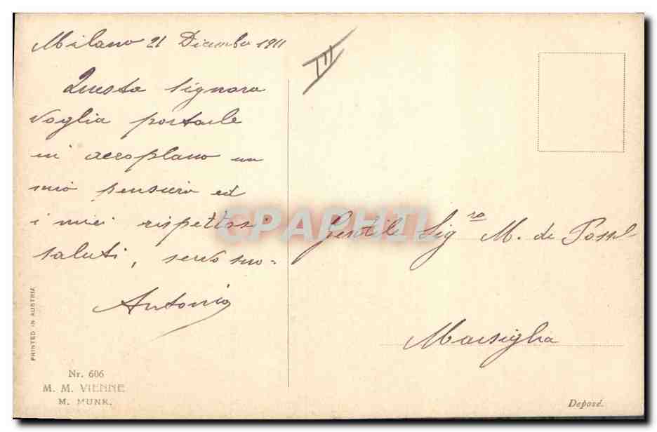 Jeune femme dans un avion — avec des hommes ailés — dessin de R. Ruderny — M. M. Vienne, n° 606 — Verso