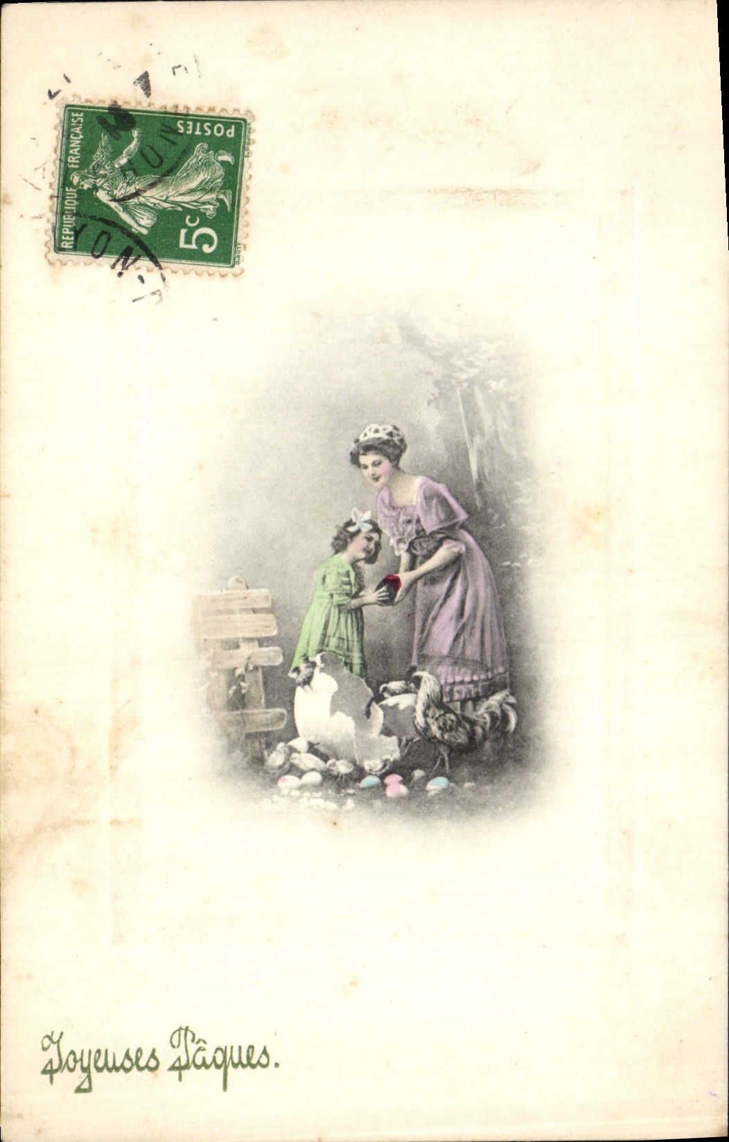 Fête de Pâques — femme et enfant avec poules — éditeur V. K., Vienne, n° 4169