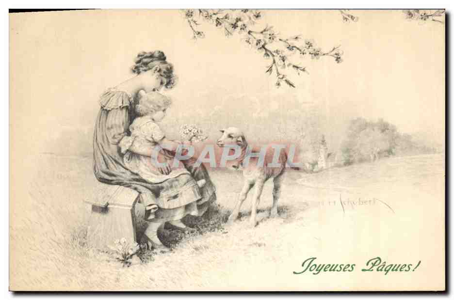 Femme et enfant avec agneau — scène de Pâques — éditeur M. M. Vienne, n° 508