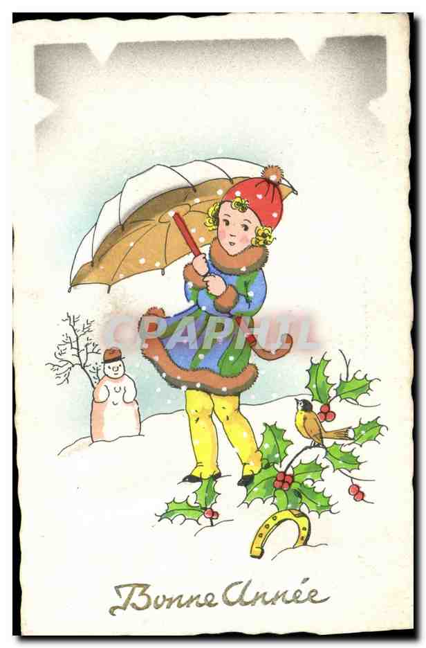 CPA Fantaisie Enfant Bonne Annee Bonhomme de neige
