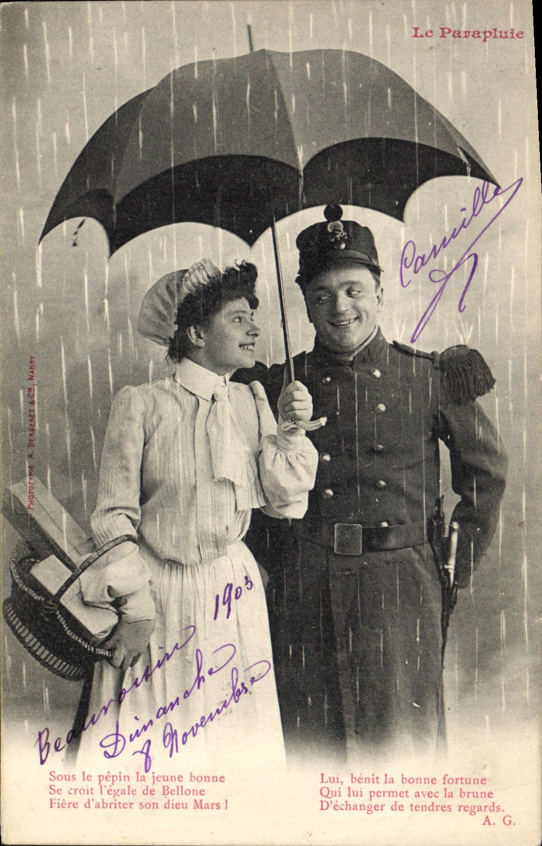 Sous le parapluie — scène de couple sous la pluie — éditeur Pigot & Cie, A. Benabès & Cie, N° 347