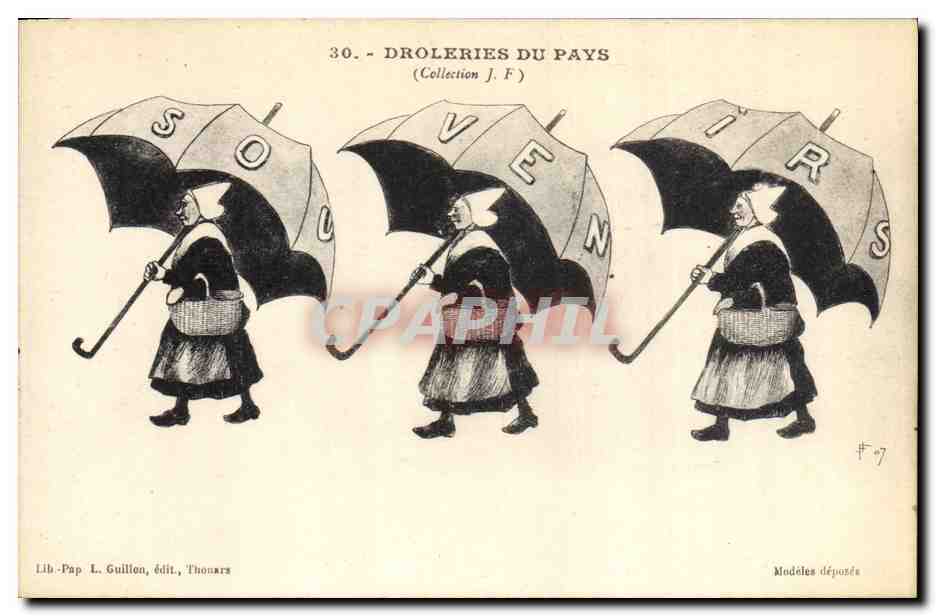 Trois femmes avec parapluies formant le mot 'SOUVENIRS' — Droleries du Pays, Collection J.F. — Lib.-Pap. L. Guillon, édit. Thonars