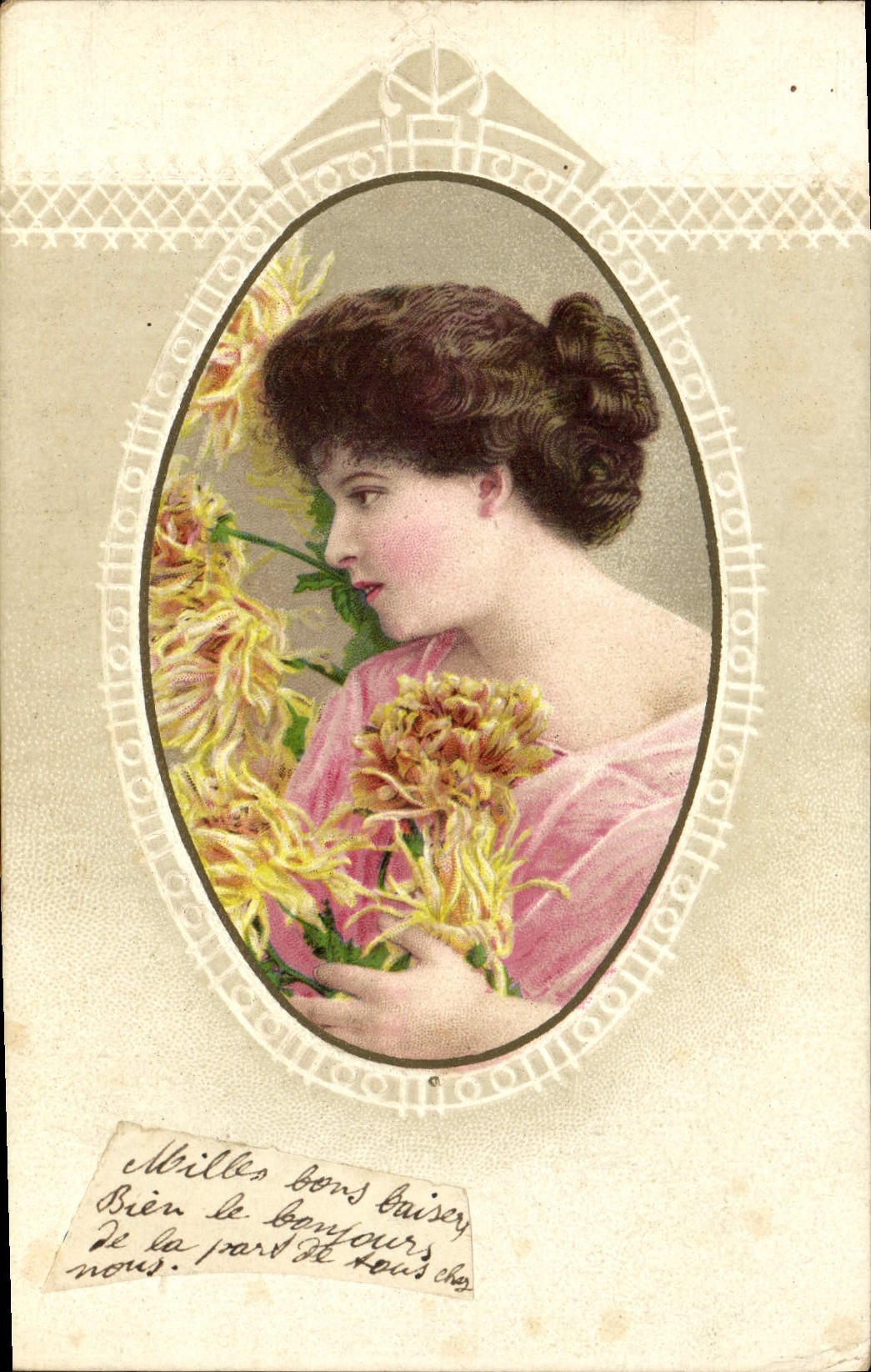 Donna in abito rosa tra fiori — editore Imp. Vanis, n°1551