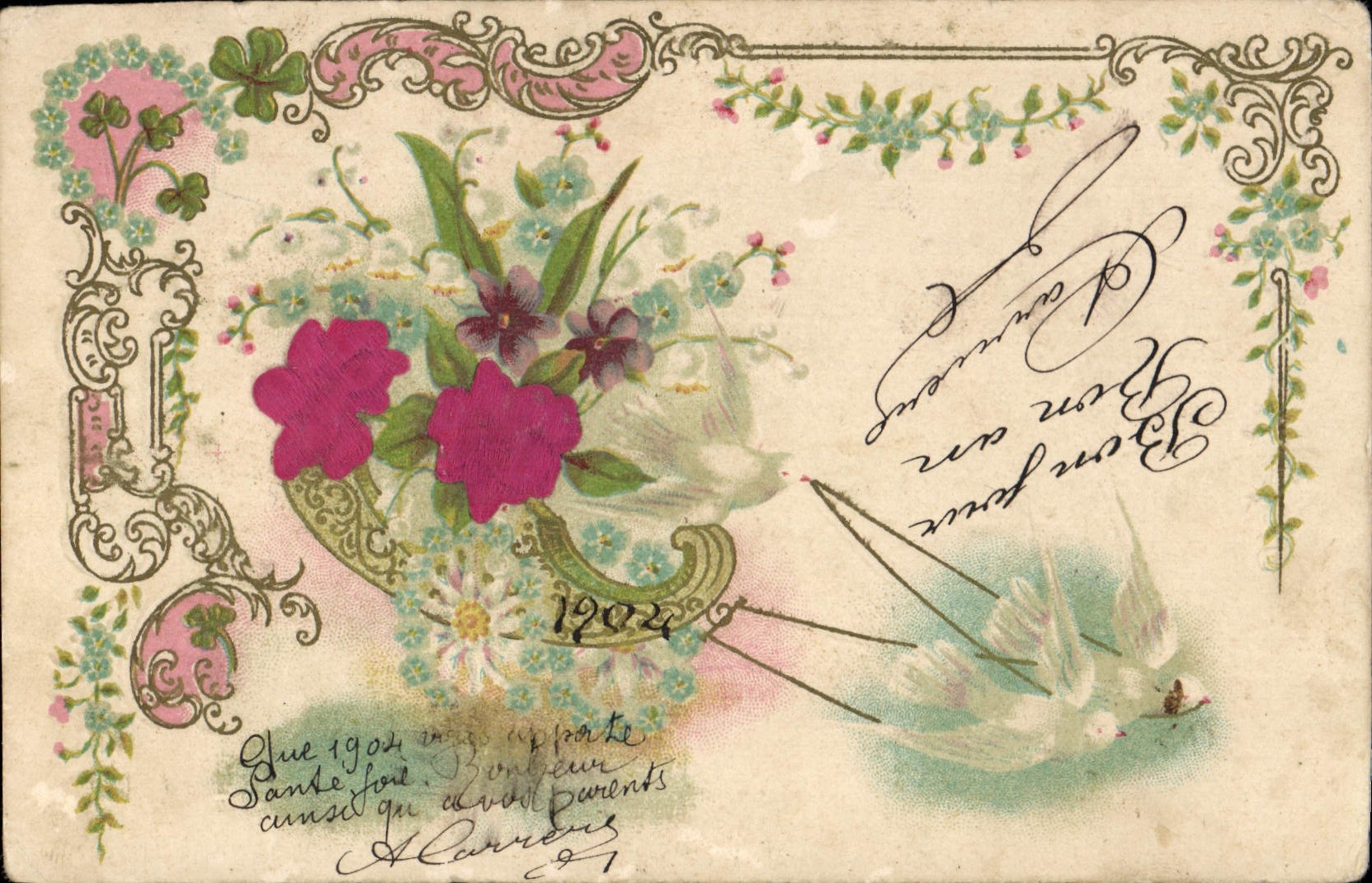 Bouquet de fleurs et colombes — 1904 — Éditeur non identifié