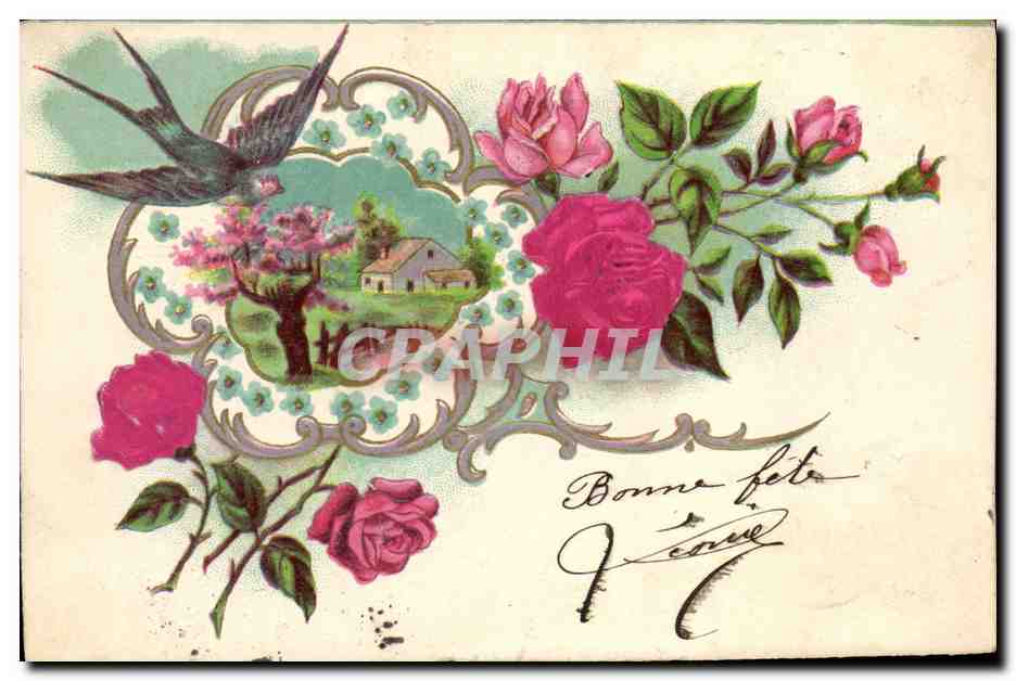 CPA Fantaisie Fleurs Hirondelle