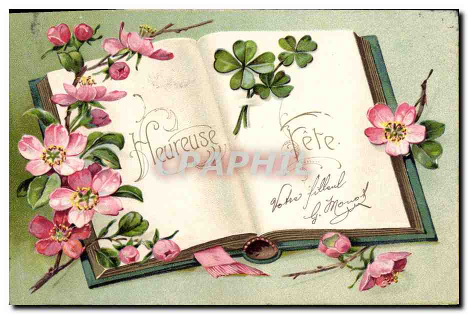 Livre ouvert avec fleurs et trèfles — Félicitations — G. Monard