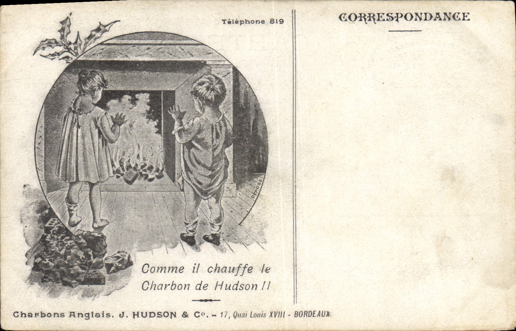 Deux enfants devant un feu de charbon — Charbons Anglais J. HUDSON & C° — Bordeaux