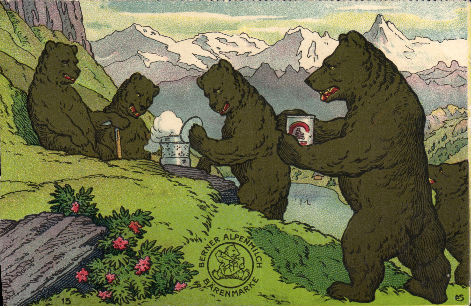 Bears enjoying milk — Berner Alpenmilch Bärenmarke — Berner Alpenmilch