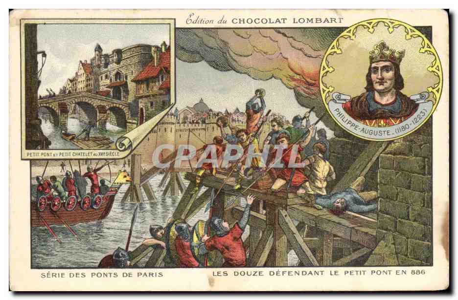 CPA Publicite Chocolat Lombart Serie des ponts de Paris Les douze defendant le petit pont en 886