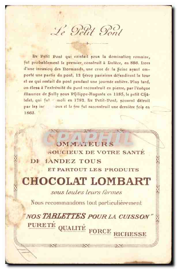 CPA Publicite Chocolat Lombart Serie des ponts de Paris Les douze defendant le petit pont en 886 — Rückseite
