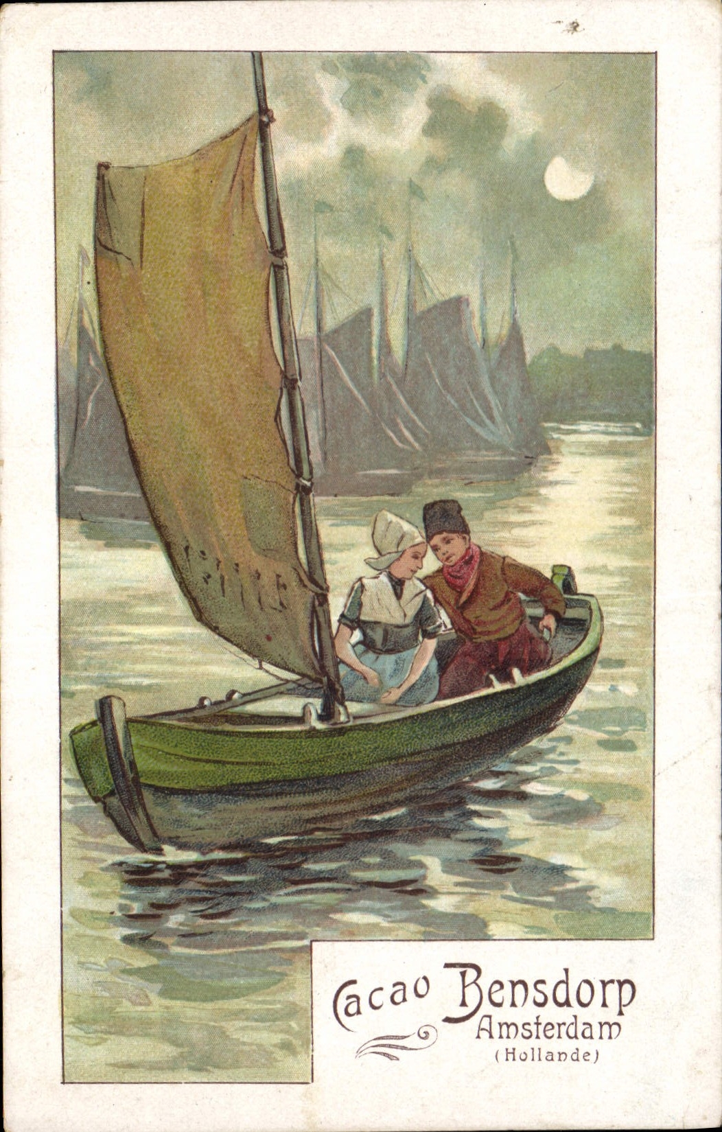 Deux personnes dans un bateau à voile — Amsterdam, Hollande — Cacao Bensdorp