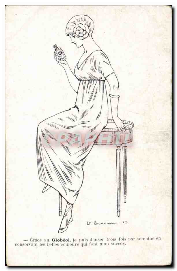 Femme assise avec bouteille de parfum — publicité pour Globéol — dessin de E. Lounac n°13