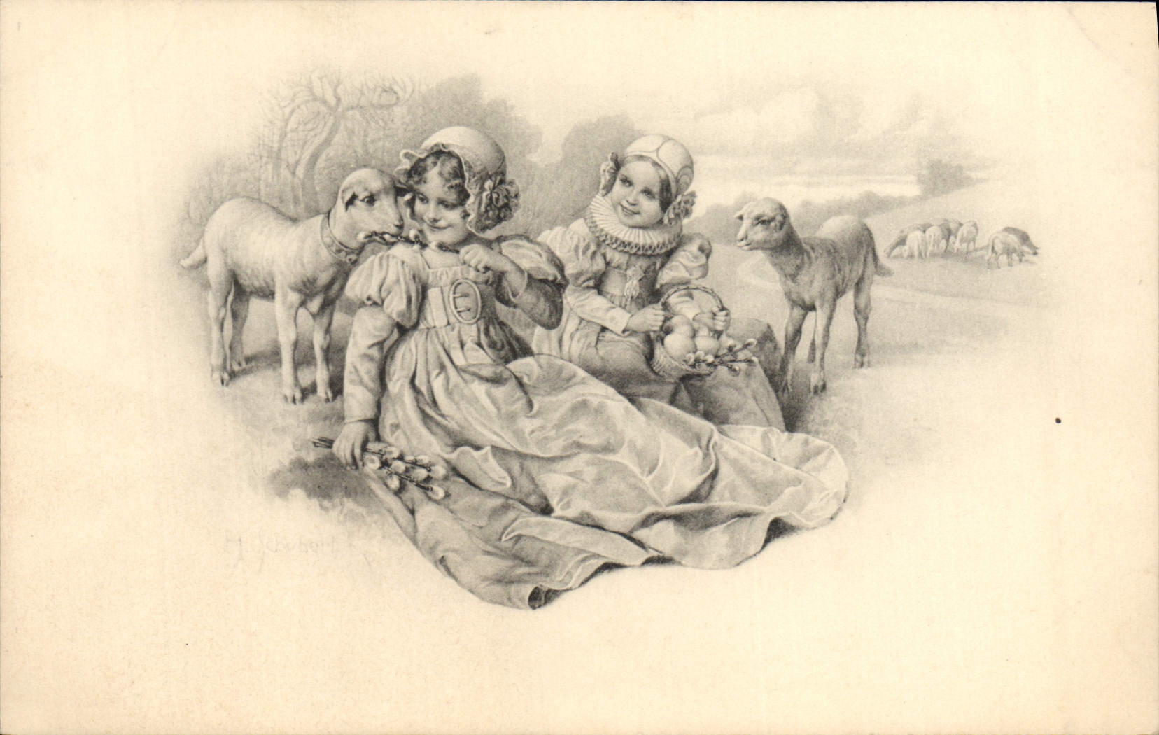 Deux enfants avec des agneaux — scène pastorale — M. M. Vienne, n° 354