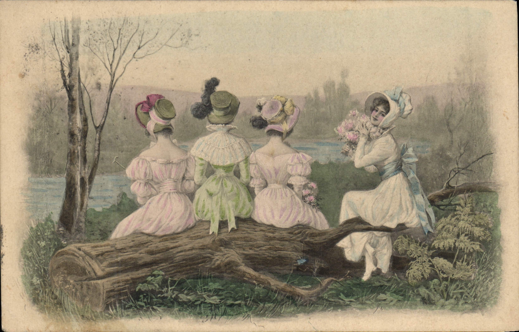 Quatre jeunes femmes en tenue de bal — scène bucolique — M.M. Vienne, n° 257