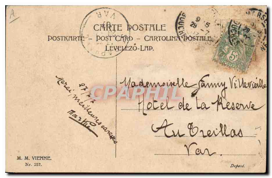 Quatre jeunes femmes en tenue de bal — scène bucolique — M.M. Vienne, n° 257 — Rückseite